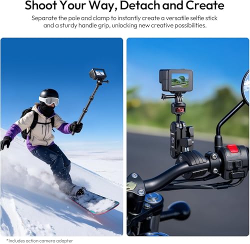 ULANZI Quick-Release Invisible Selfie Stick Motorcycle Bike Mount Kit for Insta360 X5 X4 X3/DJI Osmo 360, VL03 40in Adjustable Extension Pole Clamp Mount for Action Camera