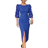 ABKY Womens Bodycon Midi Dress Elegant Polka Dot Mesh Puff Sleeve Slit Office Formal Cocktail Wedding Party Dresses with Belt