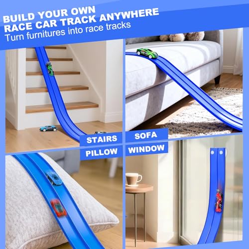 Last Page® Flexible Race Track for Kids 3+Year Old, 15ft Flex Car Tracks for Toddlers with 2 Pull-Back Cars & 2 Alloy Cars, Portable Roll Up Racing Car Tracks, Birthday for Boys Girls