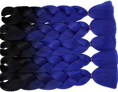 5 Pieces Ombre Synthetic Braiding Hair Jumbo Braids Hair Braiding Kanekalon Mambo Twist Synthetic Hair Extension (24, black-blue)
