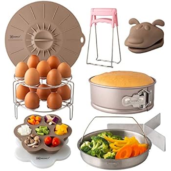 Homlt Pressure Cooker Accessories Set - Compatible with Instant Pot 5,6,8 QT - Steamer basket with dividers, springform pan, egg steamer racks, silicone egg bites mold, lid cover, mitts, bowl gripper.