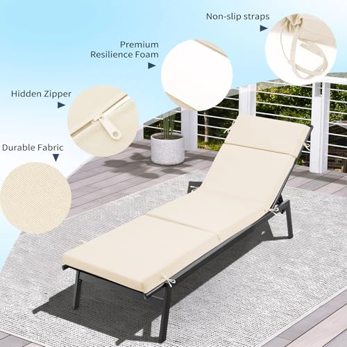 VOGVOG 2 Pack Outdoor Chaise Lounge Cushions 72"x21"x3", 4-Section Folding Patio Chair Pads with Ties, Waterproof Fade Resistant Replacement Cushion for Pool Deck Patio (Beige, 2 Pcs)