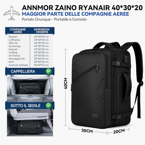 ANNMOR Travel Backpack, 24L Cabin Backpack 40x30x20 Ryanair Compliant, Expandable up to 30L for 15.6" Laptop and USB Port, Ideal for Short Trips and Weekends - Black