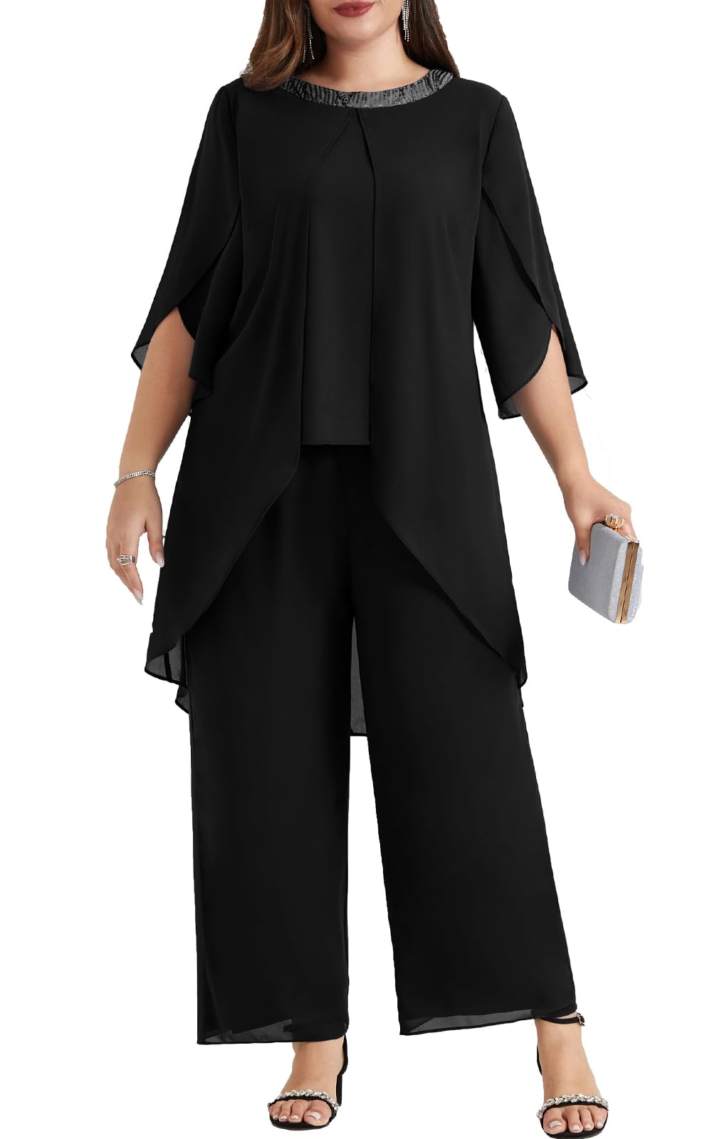 3 pieces long sleeves chiffon mother of the bride dress pants suits