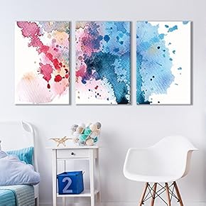 3 Panel Red and Blue Spilled Paint Watercolor...