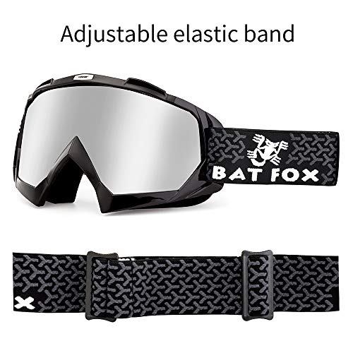 BATFOX Motorcycle ATV Goggles Dirt Bike Motocross Safety ATV Tactical Riding Motorbike Glasses Goggles for Men Women Youth Fit Over Glasses UV400 Protection Shatterproof (Black&Silver)
