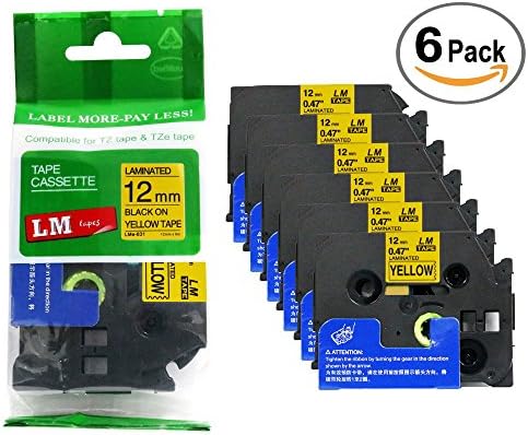 6/Pack - Compatible with Brother TZe-631 Black on Yellow p-Touch Label Tape, 12mm Laminated replacment TZe631 Tape, TZ631 0.47" Black Ink on Yellow Label with a Great Color/Size Guide.