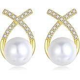 ONLYJUMP Bow Earrings with Pearl for Women Lightweight Faux Pearl Earrings Dangle Drop Earrings Gold Chunky Pearl Earrings CZ Diamond Pearl Earrings Wedding Jewelry