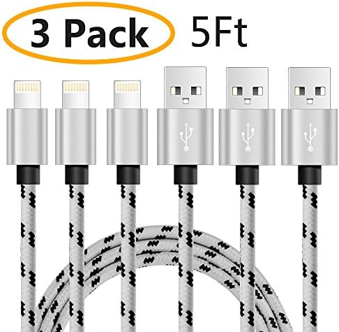iPhone Cable, CC Kimico 3-Pack 5ft/1.5M Nylon Braided Charging Cable Cord 8-Pin Lightning to USB Cable Charger Compatible with iPhone 7/7 Plus/6/6s/6 plus/6s plus, iPhone 5/5s/5c (Silver-3Pack)