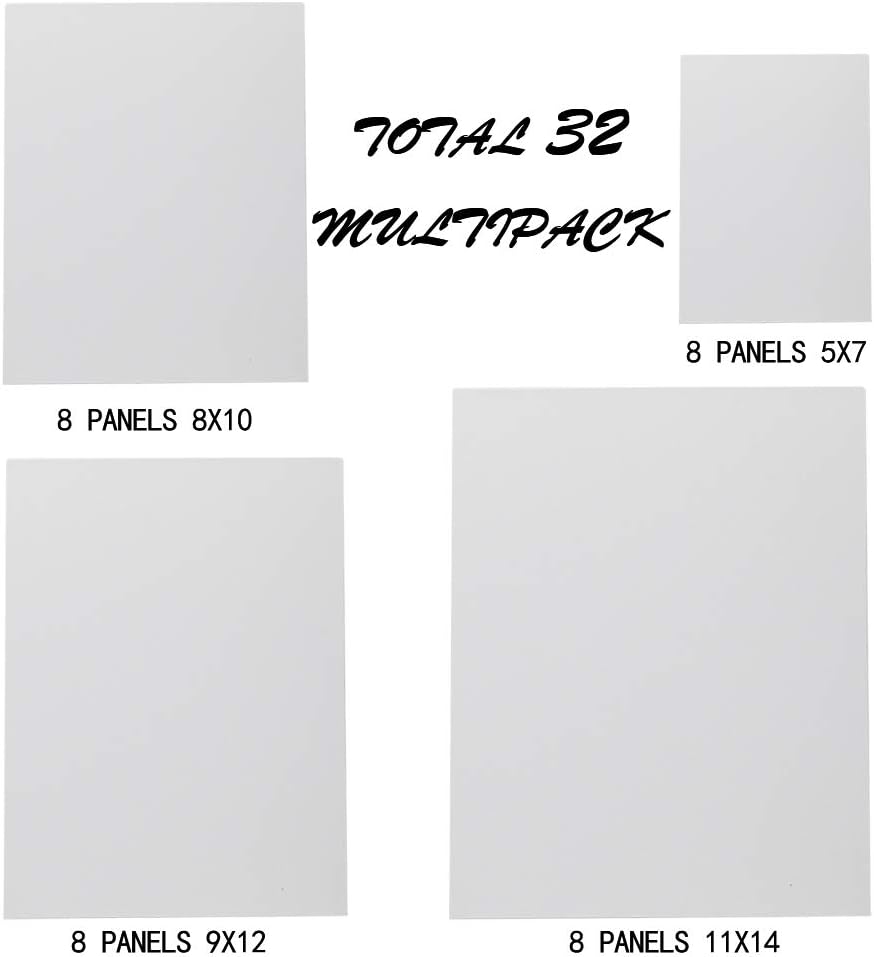 Madisi Painting Canvas Panels Multi Pack, 5x7, 8x10, 9x12, 11x14(8 of Each), 32 Pack