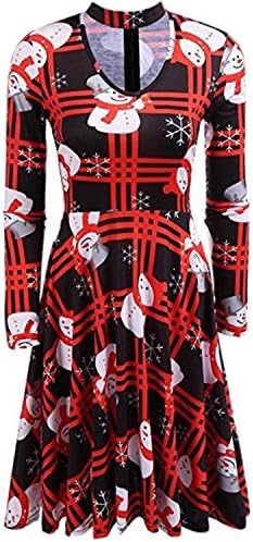 NINGJING Christmas Dress V-style Neck Slim Waist Flared Digital Printing dress