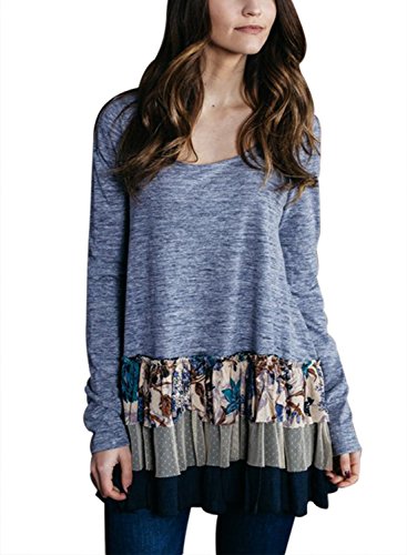 HOTAPEI Womens T Shirts Long Sleeve Casual Round Neck Floral Printed Ruffle Loose Tunic Tops Blouses Blue XL