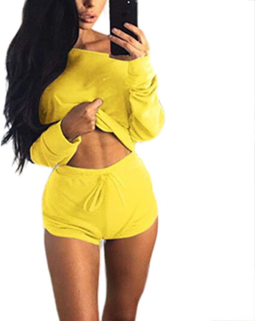 Lamdoo Highly Recommended Womens Summer 2 Pieces Outfit Set Long Sleeve Sexy Off Shoulder Crop Top Drawstring Slim Shorts Solid Color Tracksuit Loungewear - Yellow-S