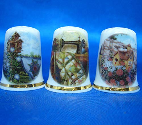 Birchcroft Porcelain China Collectable - Set of Three Thimbles - Assorted Quilts