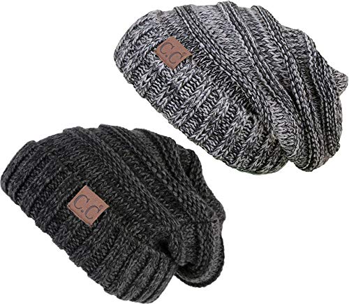 Funky Junque Trendy Warm Oversized Chunky Soft Oversized Cable Knit Slouchy Beanie 2 Pack Bundles