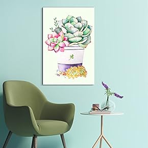 Canvas Wall Art Succulent Plants Series - Watercolor Style Colorful Plants in a Pot - Giclee Print Gallery Wrap Modern Home Art Ready to Hang - 12" x 18"
