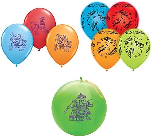 Pioneer National Latex Teenage Mutant Ninja Turtles Party Pack Punch-Balls, and LED Light-up Balloons, Red/Blue Green/Orange, 12"