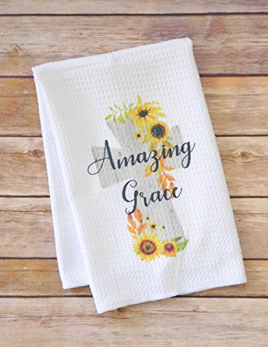 Kitchen Dish Towel - Amazing Grace Cross with Sunflowers