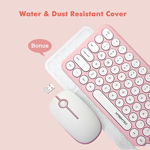 Wireless Keyboard and Mouse Combo, XTREMTEC Cute Keyboard Pink Retro Round Keycap, Ultra Thin Quiet 2.4GHz Retro Kawaii Keyboard for Mac/PC/Laptop (Sakura Pink)