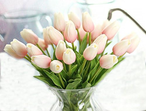 QuYTO 10 piece Handmade Tulip Silk Flower Artificial Flower Wedding Home Hotel Office Party Garden Craft Art Decor (About 13 in, Pale pink