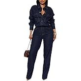 THLAI Denim Jumpsuits for Women Long Sleeve Button Down Shirt Fitted Waist Wide Leg Jeans Jumpsuits Denim One Piece Outfits
