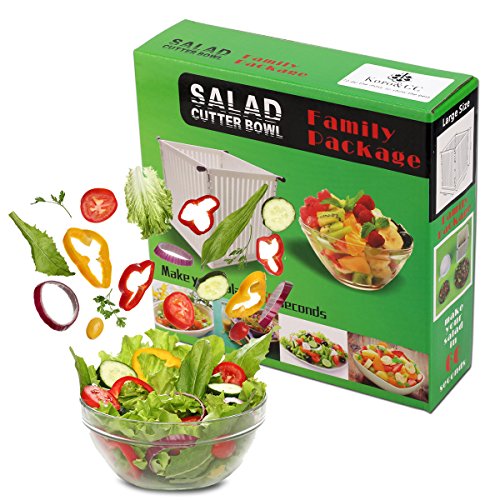 Salad Cutter Bowl Vegetable Chopper, Kitchen Salad Maker/Large Slicer Serves Whole Family in 60 Seconds - Chop Food for Cooking Prep - Cuts Down to the Base with No Mess, Easy Cleaning