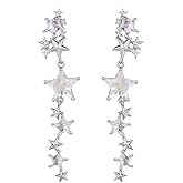 Crystal Long Star Dangle Earrings for Women Girls 925 Sterling Silver Post Pin 14K Gold Plated Shiny Tassel CZ Stars Celestial Charms Drop Dangle Stud Lightweight Fashion Birthday Wedding Party Jewelry Gifts