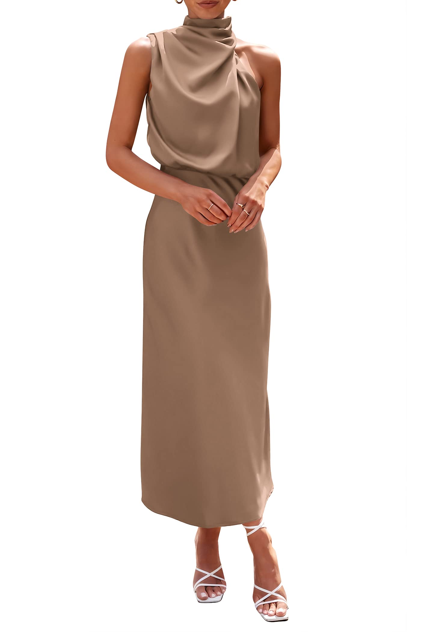 Photo 1 of PRETTYGARDEN Women's 2025 Summer Satin Dress Elegant Sleeveless Mock Neck Cocktail Party Maxi Dresses (Champagne,Large)