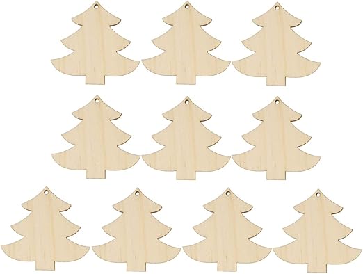 Amazon Com Amosfun 10pcs Hanging Wooden Christmas Tree Decor Ornaments Unfinished Wood Christmas Tree Cutouts Shapes Wooden Slices For Diy Craft Painting With Hemp Rope