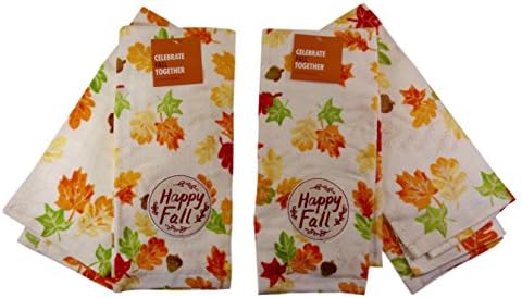 'Happy Fall' Autumn Leaves Fall Colors Kitchen Towels, Two Sets of (2).