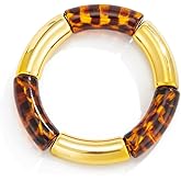 Fyvos Colorful Resin Leopard Print Bangle Bracelet Elasticity Gold Plated Tube Bracelet Chunky Stackable Cuff Bracelet Fashion Jewelry Accessories for Women