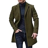 PASLTER Mens Trench Coat Slim Fit Notched Collar Fall Winter Single Breasted Pea Coat Warm Soft Overcoat