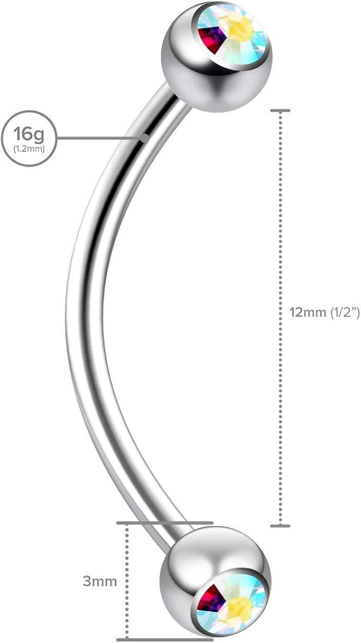 Evonix 4pc 16 Guage 12mm Surgical Steel Piercing Barbell Banana J-Curve Crystal Rook Daith Lip 1.2mm 16g Cartilage Labret Bar Bridge Conch Clear - Image 3