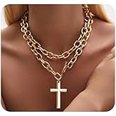 Navirix Chunky Gold Cross Pendant Necklace Layered Large Cross Thick Long Chain Statement Necklaces for Women Exaggerated Punk OT Buckle Neck Accessories