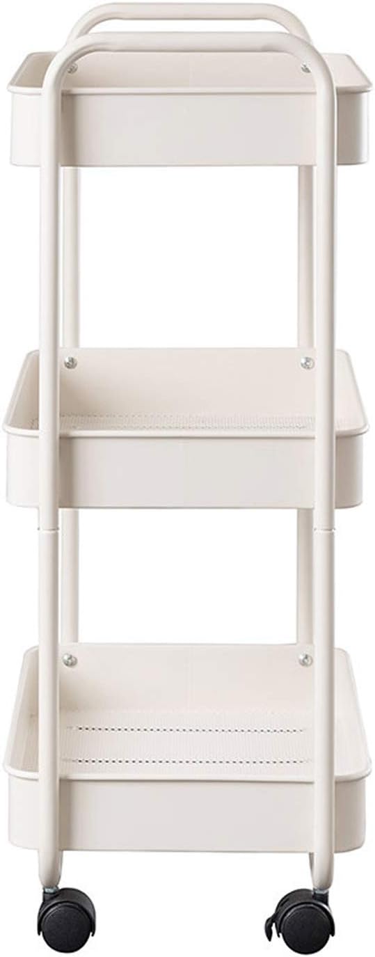Buruis 3-Tier Rolling Utility Cart Metal Storage Shelves Multifunction Trolley with Utility Handles Easy Assembly for Kitchen, Office, Bedroom, Nursery Room, Pantry, Bathroom (White): Kitchen & Dining