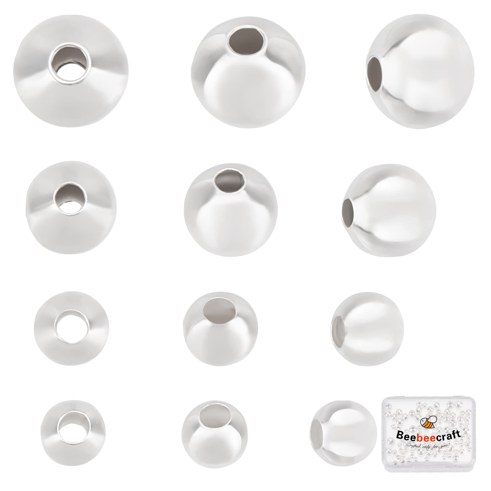 Beebeecraft 1 Box 200Pcs 3.5/4/5/6mm 925 Sterling Silver Plated Spacer Beads Smooth Round Loose Beads Tarnish Resistant Seamless for Necklace Bracelet Earring Jewelry Making