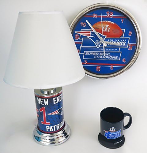 New England Patriots Super Bowl gift set, includes Wall Clock 12'' dia. , Lamp Size 15" x 10" x10", and Coffee Mug 12 oz, also includes matching Coaster, Home Decor set of 4.