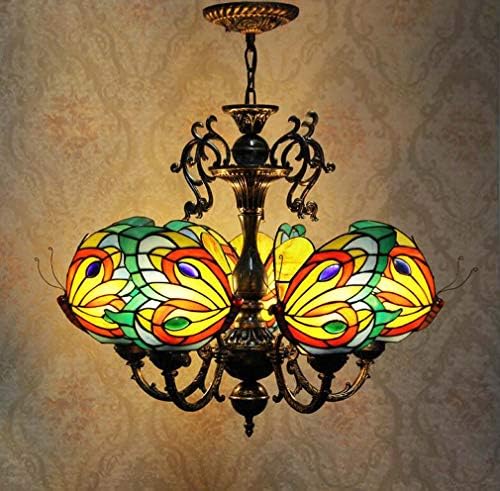 Vintage Tiffany Style Chandelier Pendant, 5-Head Stained Glass Butterfly Shape Lampshade Zinc Alloy Hanging Lamp for Living Room Dining Bar Ceiling Lighting Fixtures