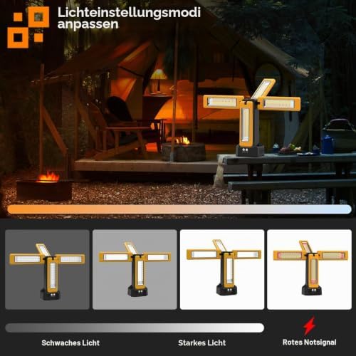 Solar-Akku LED Baustrahler mit Stativ, 13200mAh Kapazität Akku, 8000 Lumen Helligkeit LED Strahler, für Baustellen, Outdoor-Camping, Werkstatt und Studio (Orange ohne Stativ)