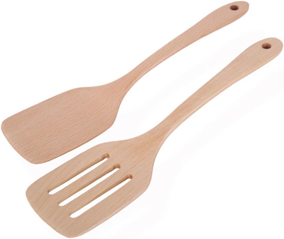 COSPRING Spatulas, Scoop Ladle, Cooking Spoon for Soup, Stirring, Handmade Wood Kitchen Utensils, Non Stick Wood Turners, Heat Resistant, Eco-friendly and Safe (2PCS Spatulas, Beechwood)