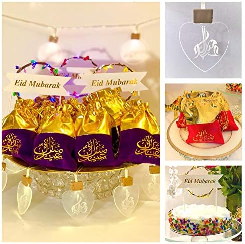 FitCorrect Beautiful & Elegant - Eid Decoration Lights Yellow Cake Topper & Two Pink Eid Goody Bags - Perfect for Parties & Eid Celebrations (Heart Shaped)