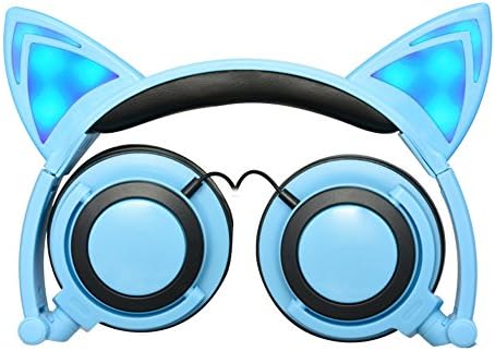 Foldable Flashing Glowing cat ear headphones Gaming Headset Earphone with LED light For PC Mobile Phone (Blue)