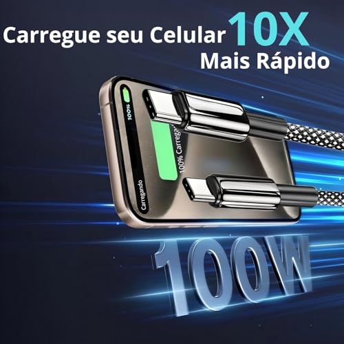 Cabo USB-C para USB-C 2 Metros 100W - Carregamento Rápido - Compatível com Smartphones e Tablets USB-C - Design Resistente em Nylon Trançado