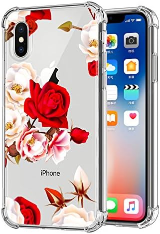 iPhone X Flower Case, Clear Floral Design OJSCOV Soft TPU Rubber Bumper Protective Back Cover for iPhone X (Red Rose 2)