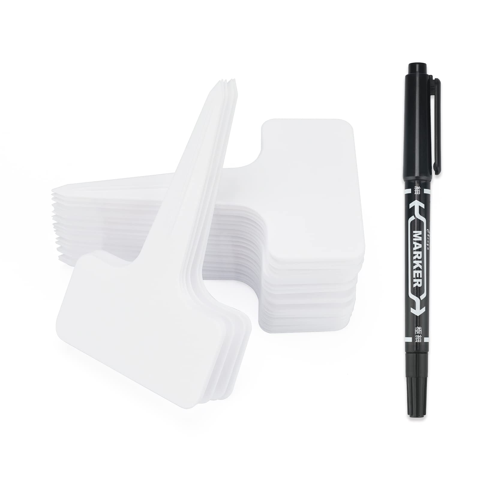 KINGLAKE Thick Plastic Plant Labels and Pen, 100Pcs Plant Markers & Labels for Outdoor Plants, White Plant Name Tags Garden Labels for Potted Plants, Seed, Herb, Vegetables, Flower, T Type, 10x6cm