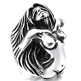 INBLUE Men's Stainless Steel Ring Silver Tone Black Angel Goddess Size11
