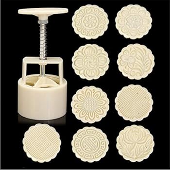 Hand Pressure Maker Mould+ 8 Pcs 100g Flower Stamps Mode Plunger Kit Baking Pastry Decor Tool Plastic Cookies Cutter Moon Cake Mould Kitchen DIY Bakeware Molds 9pcs/Set Round Mooncake Mold