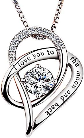 Meixao 925 Sterling Silver Zirconia Crystal Pendant I Love You To The Moon and Back Heart Necklace 18" Chain