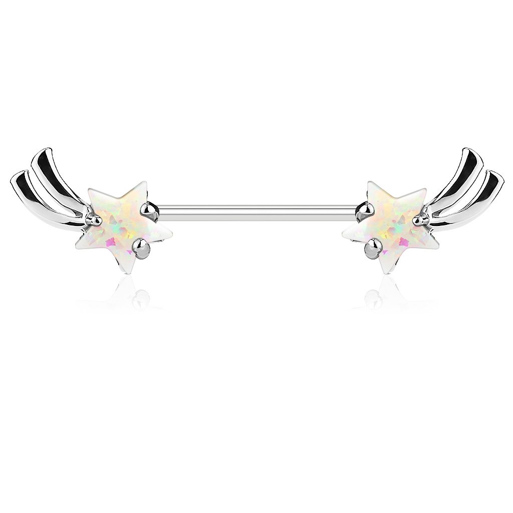 PiercedOff 316L Surgical Steel Externally Nipple Barbell with White Imitation Opal Glitter Shooting Star Ends - Thickness 14GA (1.6mm) Length 14mm / Star Size is 5mm