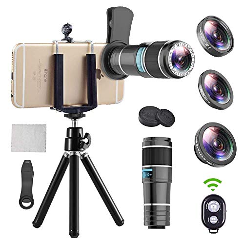 Phone Telephoto Lens, 4 in 1 Cell Phone Camera Lens,12x Telephoto Lens+ 0.65x Wide Angle Lens + Macro Lens + Fisheye Lens,Clip-On Lenses Compatible for iPhone x 8 7 6 plus, Samsung Smartphone